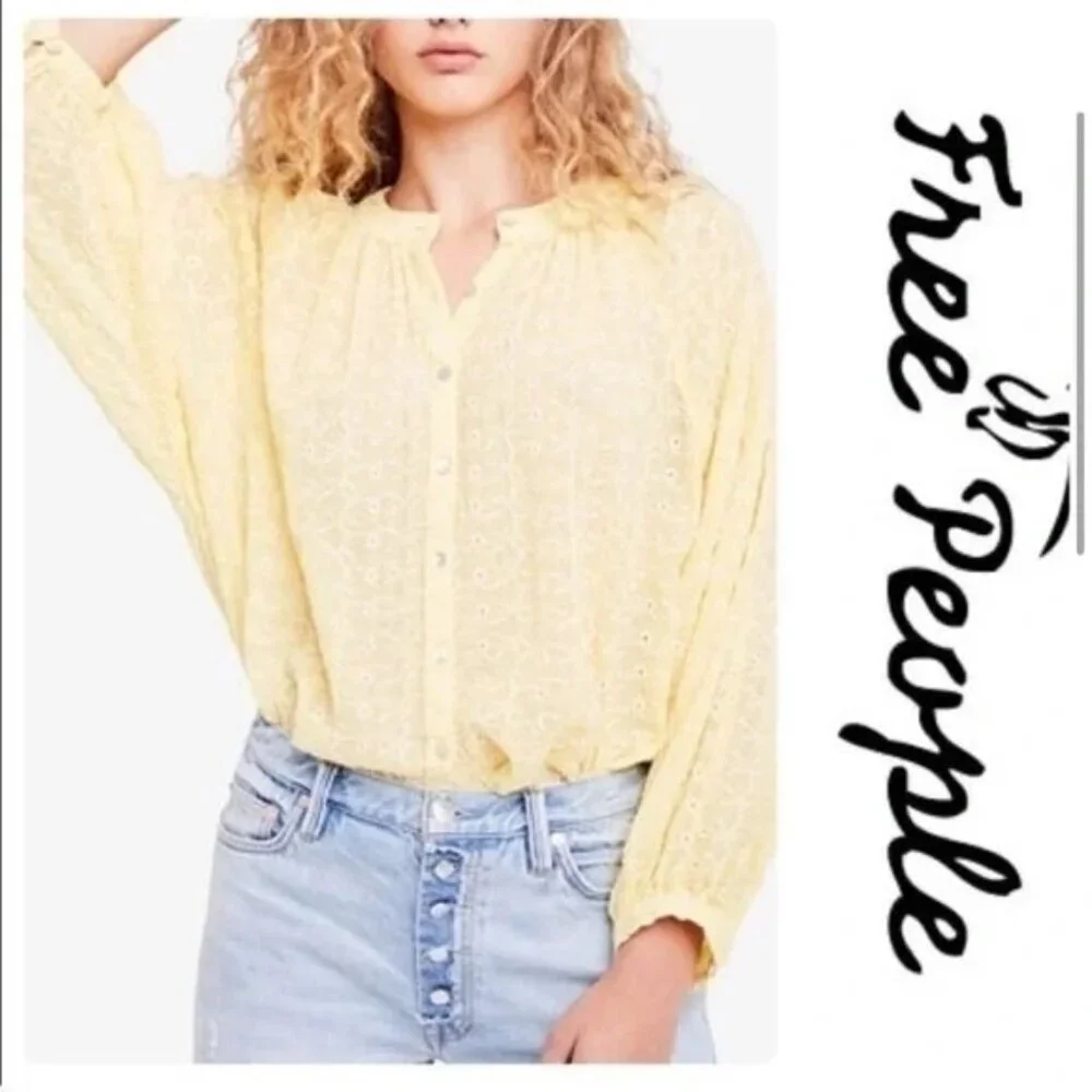 Free People Down from the Clouds Embroidered Eyelet Yellow Blouse